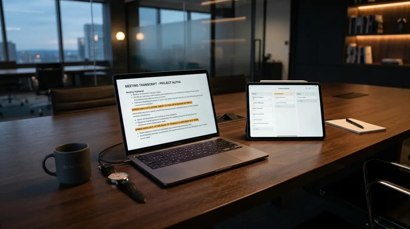 AI meeting notes automatically generating follow-up tasks on a Kanban board
