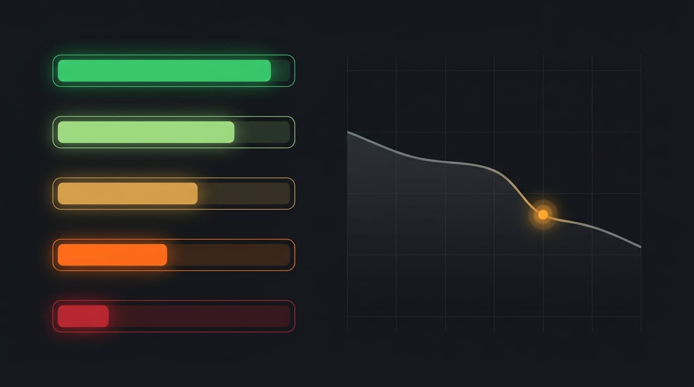 Abstract dashboard showing customer health score indicators with amber and green signal lines on a dark background